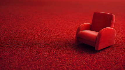 Poster - A red chair is sitting on a red carpet. The chair is small and he is a toy. Concept of warmth and comfort, as the chair