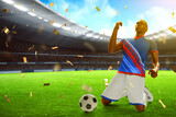 Fototapeta  - 3d illustration young professional soccer player celebration in the stadium field with blue sky