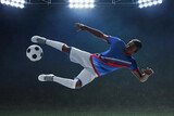 Fototapeta  - 3d illustration young professional soccer player kicking ball in empty stadium field at night