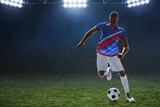 Fototapeta  - 3d illustration young professional soccer player running dribbling in empty stadium at night
