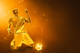 Fototapeta Na ścianę - 3d illustration glowing shiny golden young professional soccer player celebration on dark background