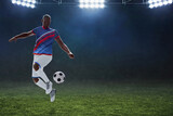 Fototapeta  - 3d illustration young professional soccer player freestyle jumping in empty stadium field at night