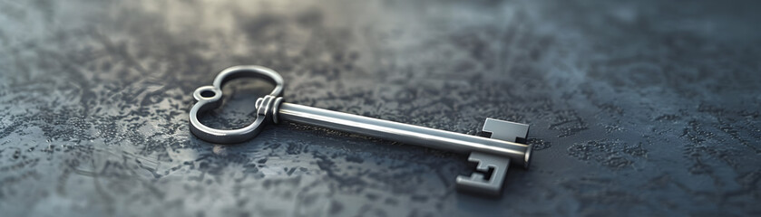 Wall Mural - A silver key is laying on a surface. The key is open and has a heart-shaped handle. Concept of mystery and intrigue, as the key is not being used and is left open