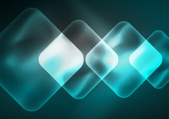 Aufkleber - A row of Font glowing squares in Aqua, Electric blue, and Magenta on a dark blue background with Circle and Rectangle shapes. Transparent material and Transparency create a modern logo design