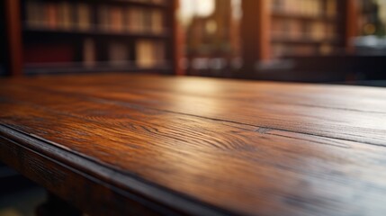 Canvas Print - Wooden table with view of library