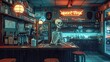 A skeleton sits at a bar in a dimly lit bar with neon signs