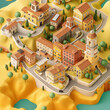 Isometric 3D image of important landmarks of Italy on a yellow background. Landscape of the country.