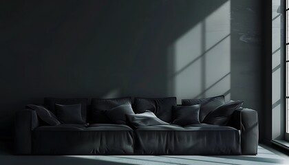 Fototapete - Capture the contrast between a black room and a black sofa. Highlight the interplay of light and shadow