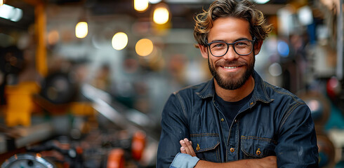 Handsome smiling mechanic in black uniform and glasses standing.