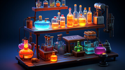 3d design of an isometric view of a small laboratory, bottles with toxic chemicals, flashy colors