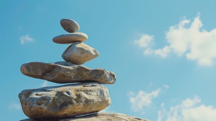 stone balanced against clouds and clear blue sky