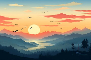 Stylized depiction of a majestic sunrise over mountains with a reflective lake and soaring birds. Generative AI