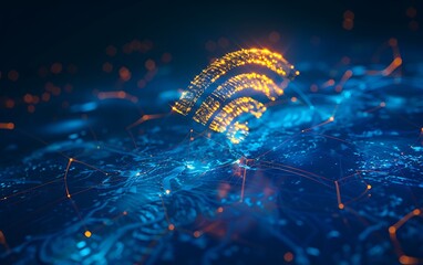 Poster - Abstract digital connectivity concept with glowing Wi-Fi symbol on blue background