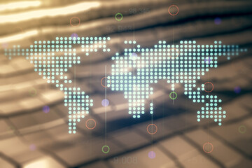 Aufkleber - Double exposure of abstract digital world map on blurry metal background, research and strategy concept