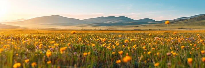 Wall Mural - Serene Meadow Panorama with Wildflowers and Distant Hills Under Clear Blue Sky