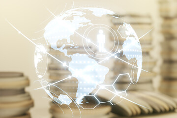 Poster - Virtual social network media hologram and world map on coins background. Double exposure