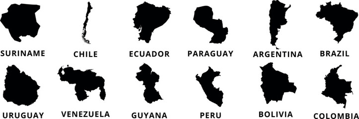 South American countries’map vector silhouettes on white background. Uruguay, Chile, Ecuador, Paraguay, Argentina, Brazil, Suriname, Venezuela, Guyana, Peru, Bolivia, Colombia