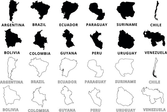 South America map silhouette, outline maps of countries in black, Argentina, Brazil, Ecuador, Paraguay, Suriname, Chile, Bolivia, Colombia, Guyana, Peru, Uruguay, Venezuela
