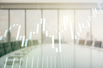 Poster - Abstract virtual financial graph hologram on a modern furnished classroom background, financial and trading concept. Multiexposure