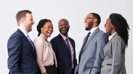 A group of diverse engineers in business attire, laughing together, vibrant and inclusive, against a clean white background, styled as a networking event.