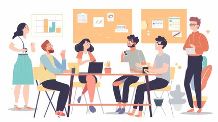 Sticker - A group of engineers in a meeting room, engaging in a lively discussion, styled with enthusiasm and teamwork, against a light-colored background.