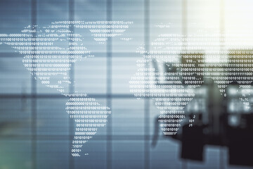 Poster - Abstract creative world map interface on a modern conference room background, international trading concept. Multiexposure