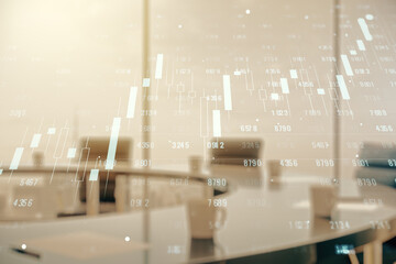 Poster - Multi exposure of abstract virtual graphic data spreadsheet sketch on a modern furnished classroom background, analytics and analysis concept