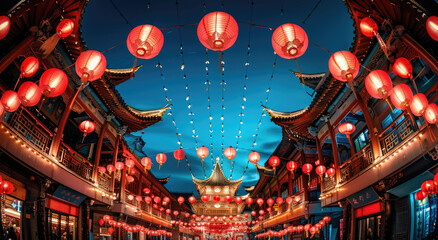 Poster - Chinese style architecture, an archway surrounded in the style of red lanterns, a symmetrical composition, a wideangle lens, a night scene, bright colors, a festive atmosphere, lantern light reflectin