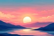 A serene twilight scene over a calm lake, with the sun setting behind mountains under a starry sky, and a lone sailboat in the distance. Generative AI