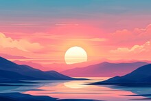 A Serene Twilight Scene Over A Calm Lake, With The Sun Setting Behind Mountains Under A Starry Sky, And A Lone Sailboat In The Distance. Generative AI