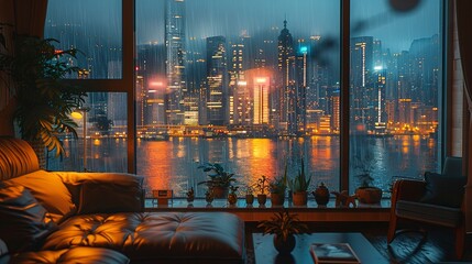 Wall Mural - Comfy Warm Room with City View