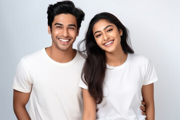 Wall Mural - Indian couple in white t shirt on white background