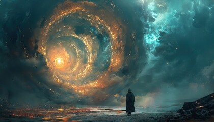 Wall Mural - A person is walking down a long, dark tunnel with a glowing light at the end by AI generated image