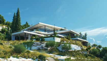 Wall Mural - Contemporary hillside residence with cascading terraces and panoramic windows, under a clear summer sky.