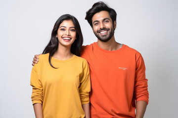 Young indian couple standing together and giving happy expression.