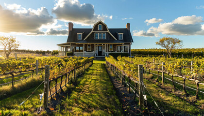 Wall Mural - Deep olive Cape Cod style vacation home, surrounded by a mature vineyard with rows of grapevines under a sunny sky.