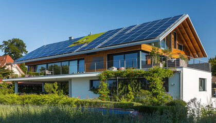 Wall Mural - Eco-friendly modern home with solar panels and a green roof, set in a suburban environment under a clear summer sky.