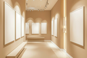 Wall Mural - Elegant Gallery with Soft Beige Walls Displaying Multiple Blank Canvas Frames, Ideal for Mockups, Under Flawless Lighting Conditions