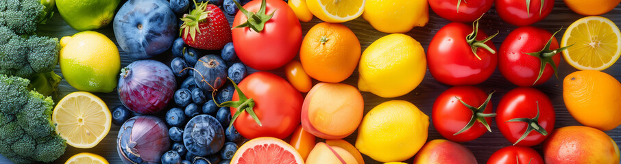 Wall Mural - A stunning display of assorted fruits and vegetables arranged in a gradient of colors, resembling a vibrant rainbow, against a grey background with high-key lighting.
