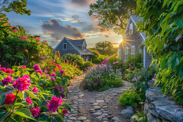 Wall Mural - Fuchsia Cape Cod style vacation home with a stone path leading through a lush, flowering garden, under a warm afternoon sun.