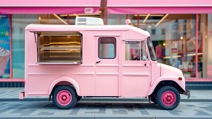 A pink food truck with a blank open window parked in front of a shop in a city.