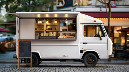 Poster - A white food truck with an open window and blank standing sign in front of the car is parked in a city.