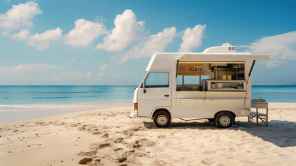 Canvas Print - A white food truck with an open window parked at a beach with clear blue sky in the summer season.