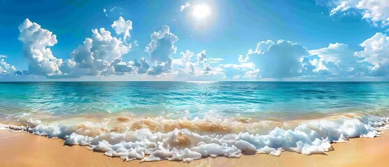 Wall Mural - A beautiful beach scene with a large body of water and a bright sun shining on the water