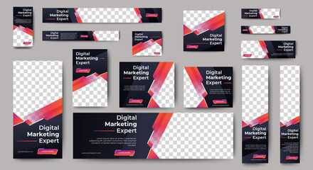 Canvas Print - professional business web ad banner template with photo place. modern layout black background and re