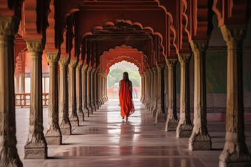 Young woman walk in the great red fort