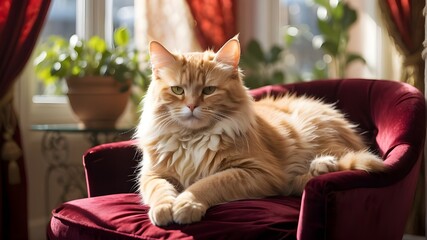 Canvas Print - A contented cat lounging on top of a luxurious velvet armchair, basking in warm sunlight filtering through sheer curtains within conservatory.-- ar(aspact raio) : (width):(height)--vertical resolution