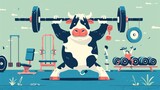 Fototapeta Londyn - Illustration cartoon animal holstein cow bodybuilder lifting dumbbell at gym
