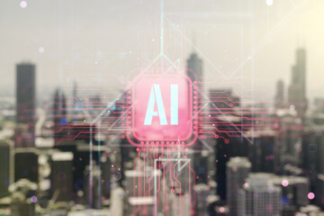 Poster - Creative artificial Intelligence symbol hologram on blurry skyscrapers background. Double exposure