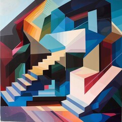 Poster - A painting of a staircase with blue, red, and yellow colors